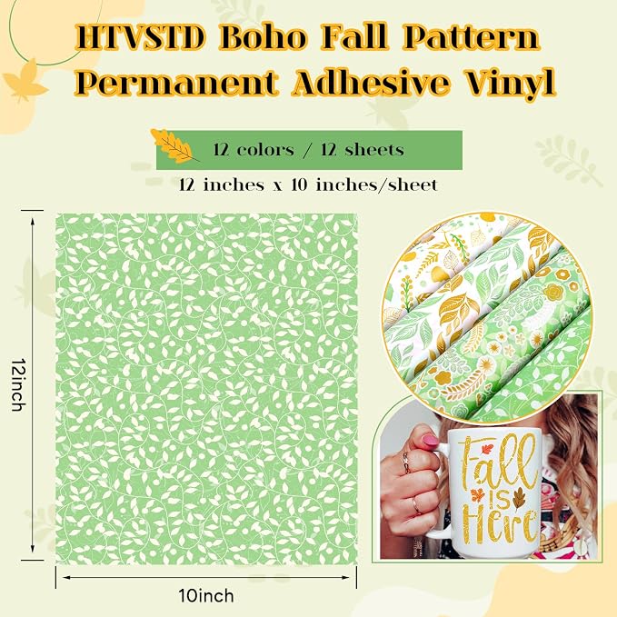 Yellow Leaves Boho Permanent Adhesive Vinyl 12 Sheets 12'' x 10'' | Green
