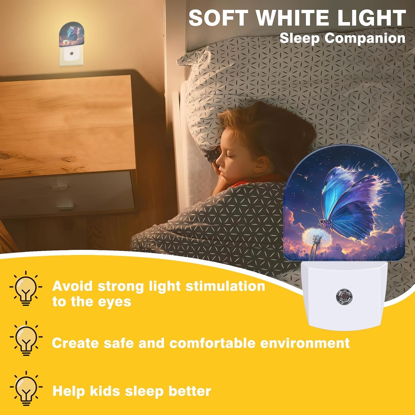 Night Light, Blue Butterfly on Dandelion Flower Night Lights Plug into Wall Dusk to Dawn Sensor Round Nightlight for Women Men Energy Efficient Led Lamp 0.5W for Stairway Hallway Bedroom