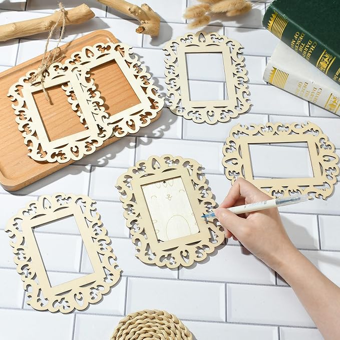 12 pcs Rectangle Theme Unfinished Wooden Photo Frames Floral Laser Cut Wood