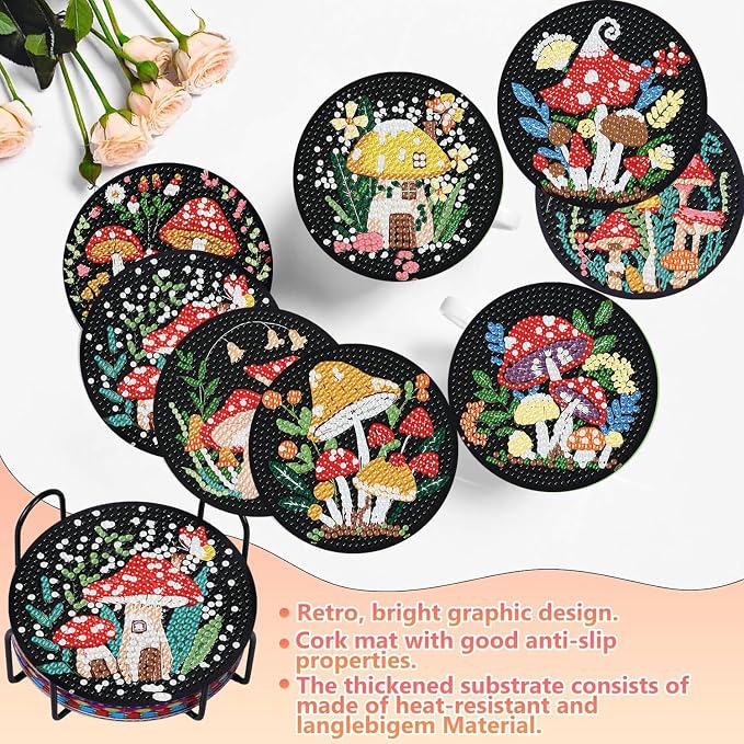8 PCS Mushrooms Diamond Art Coasters Kits Cute Diamond Painting Coaster |