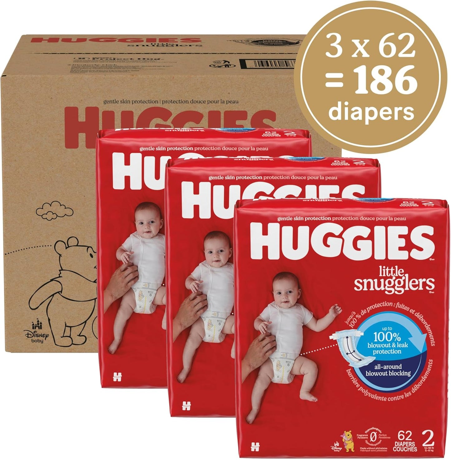 Huggies Size 2 Diapers, Little Snugglers Baby Diapers, Size 2 (12-18 lbs), 186 Count (3 Packs of 62), Packaging May Vary