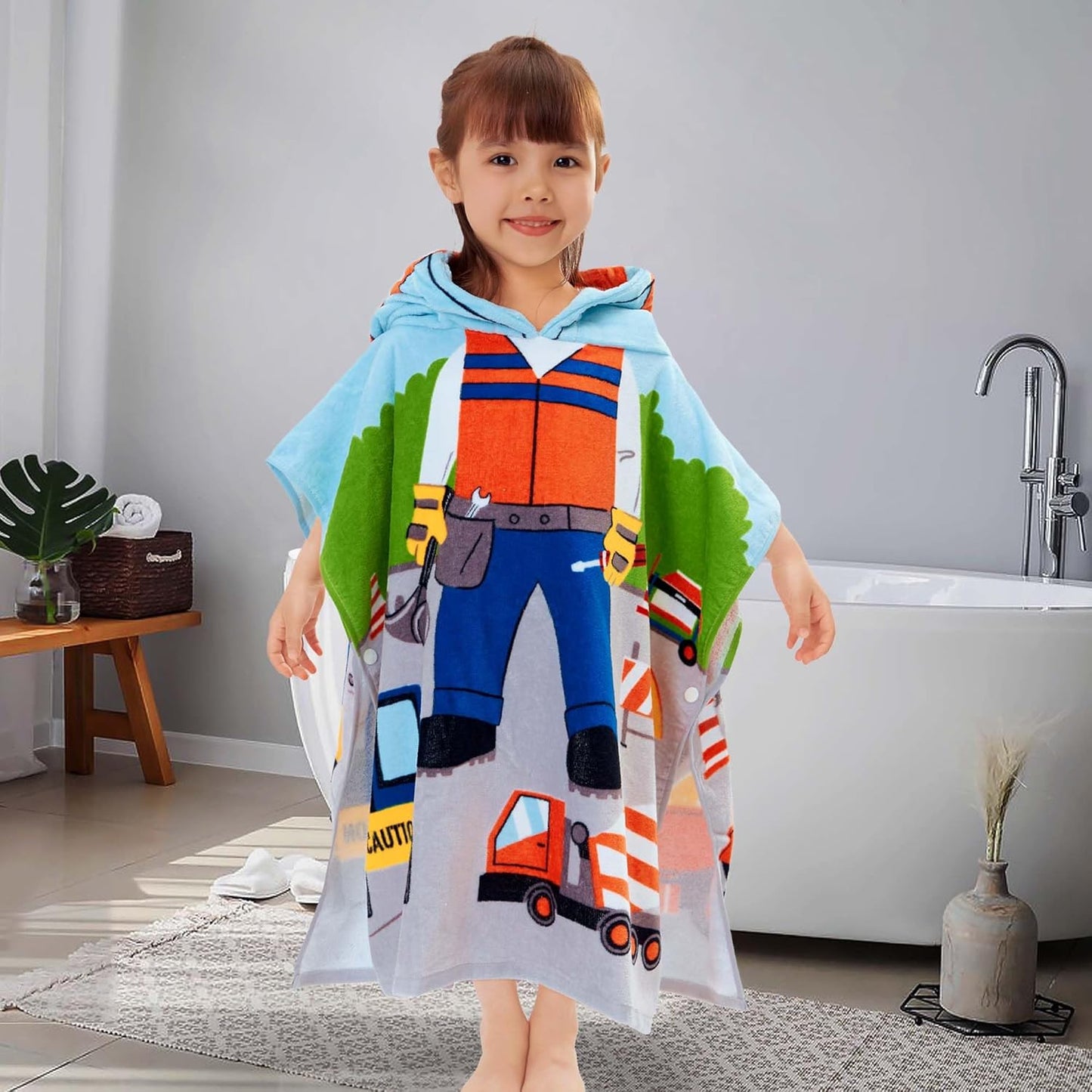 VOOVA & MOVAS Kids Beach Towels with Hood, (2-6Years,24"X48") Soft Cotton | Poncho for Toddlers, Ideal for Child Swim Camping Surf Shower | Birthday Gifts, Truck Work Zone Theme