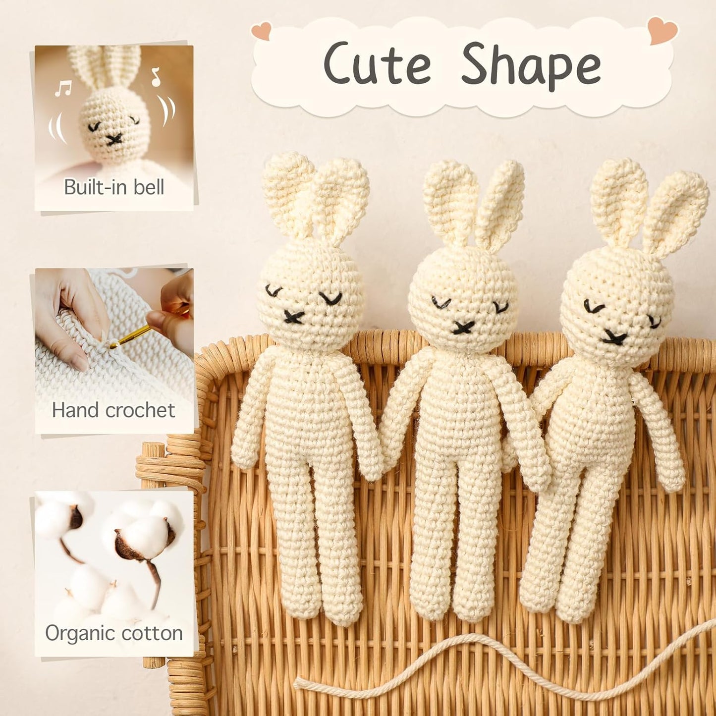 Baby Rattle Crochet White Bunny Doll Baby Toys Handmade Newborn Toy Early Development Grips Stuffed Animal Organic Rattle (Bunny Doll)