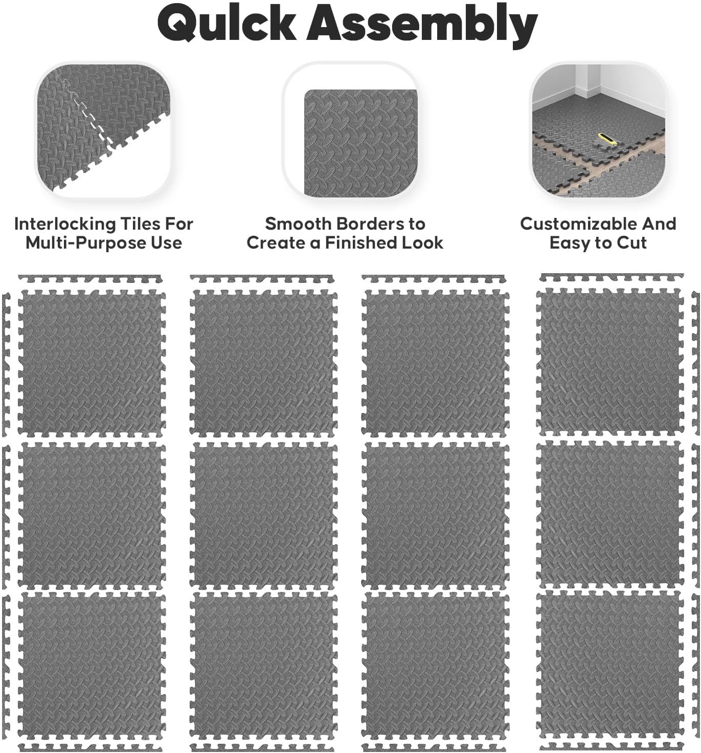 Home Gym Mat, Puzzle Exercise Mat, EVA Interlocking Foam Floor Tiles for Home Workout Equipment and Kids' Play Areas - Grey, 24 in x 24 in x ½ in - 12 Tiles (Grey, 12 Pack, 48 SQ FT)