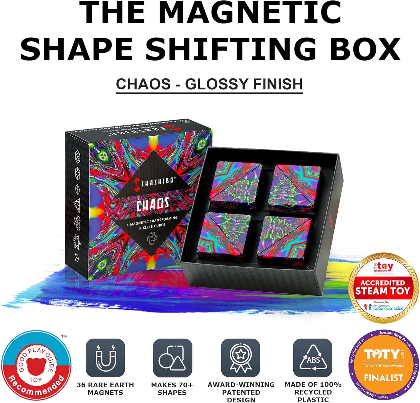 Shashibo Shape Shifting Box - Award-Winning, Patented Fidget Cube w/ 36 Rare Earth Magnets - Transforms Into Over 70 Shapes, Gift Box, Download Fun in Motion Toys Mobile App (Chaos, 4 Pack)