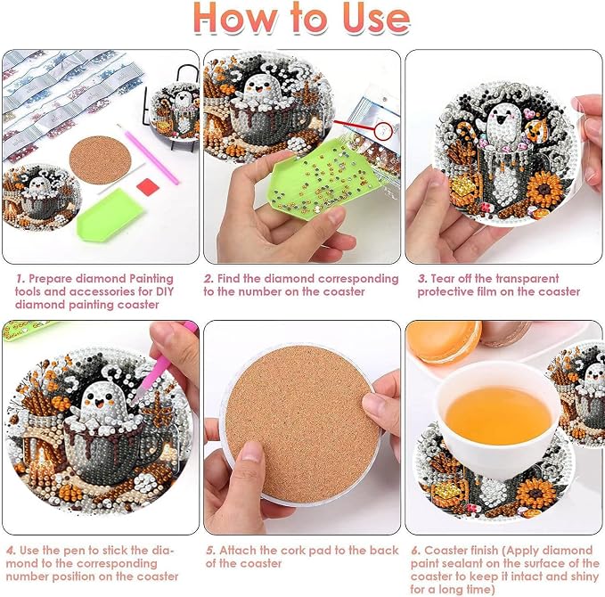 8 PCS Halloween Diamond Art Coasters Kits, Ghost Diamond Painting Coaster |
