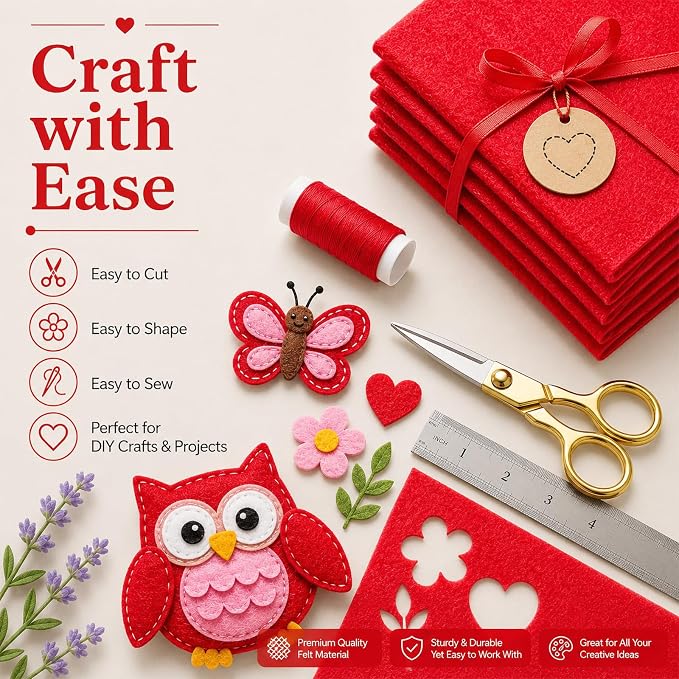 Red Large Felt Fabric 36" x 36", 1mm Stiff Felt Sheet, Nonwoven Fabric
