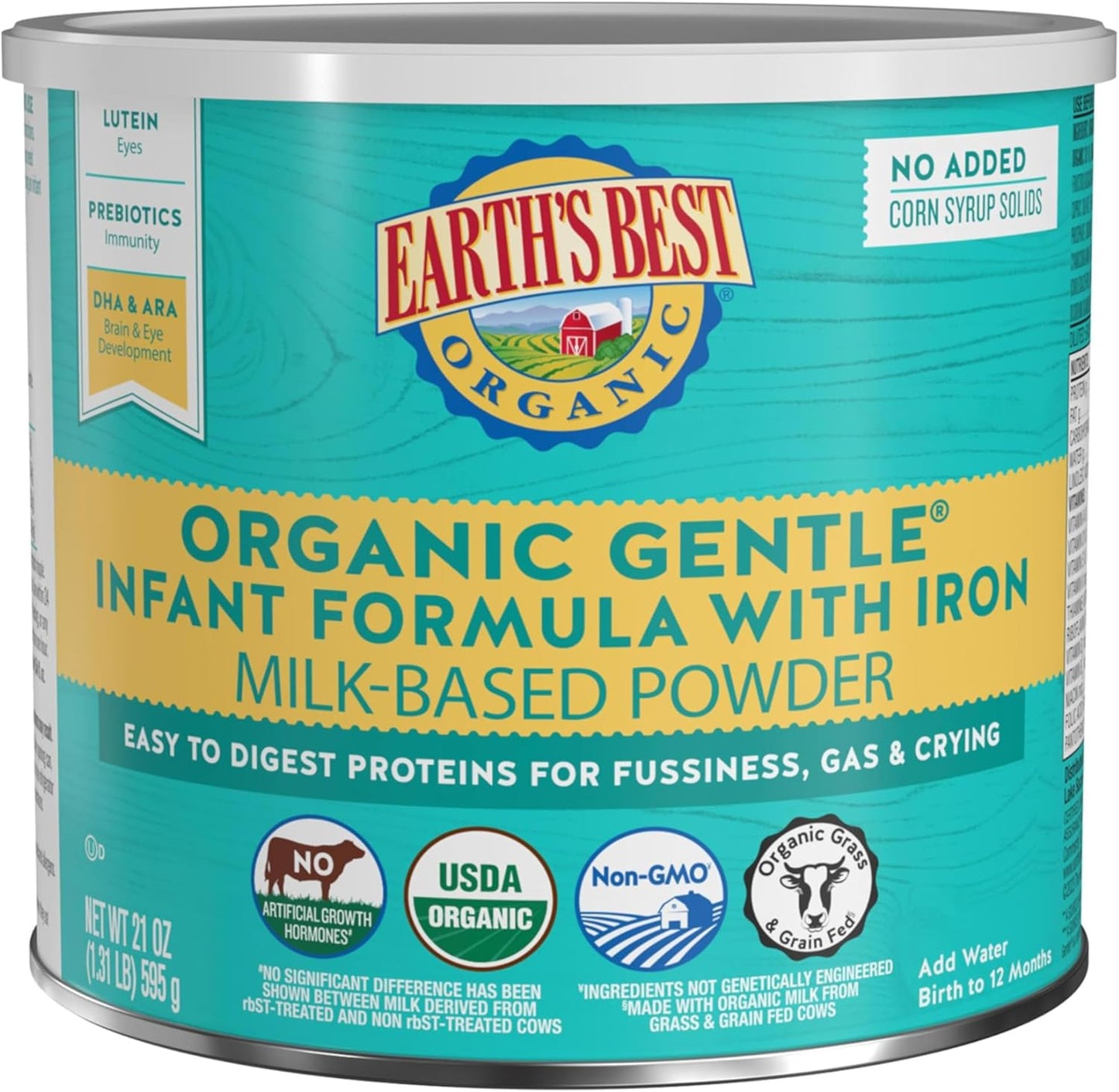 Earth's Best Organic Baby Formula, Gentle Infant Formula for 0-12 Months, Milk-Based Powder with Iron, Omega-3 DHA & Omega-6 ARA, 21 Ounce Container