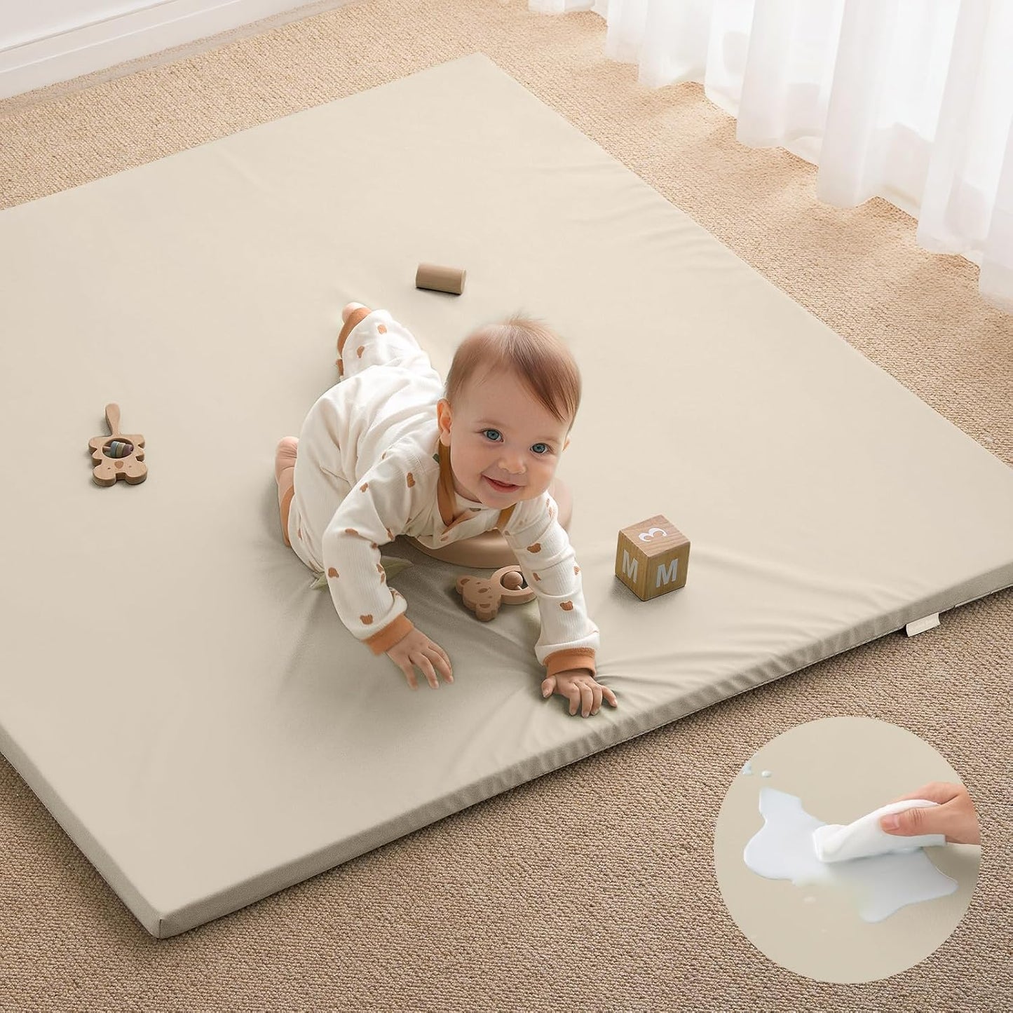 Blissful Diary Vegan Leather Baby Play Mat, 47x47 Thick Foam Cushioned & Waterproof Playpen Mat for Infants and Toddlers, Stylish and Just Wipe-Clean Playmat for Baby Play on Floor, Beige
