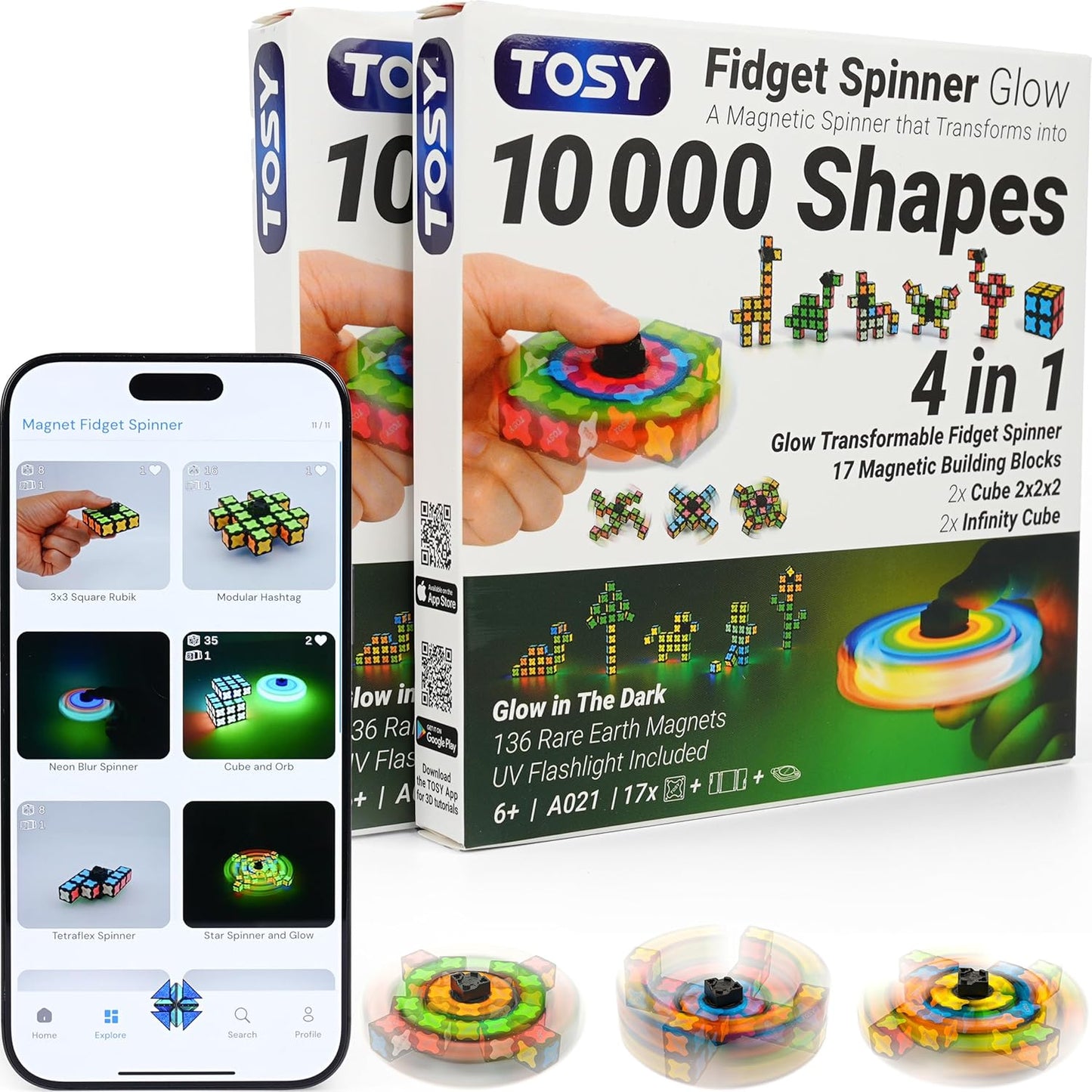 TOSY Magnet Fidget Spinner Glow - 16 blocks, 3in1 Toy: Transformable Fidget Spinner, Infinity/Puzzle Cube, Glowing, Christmas Stocking Stuffers Gift for Kids/Adults, STEM Sensory Stress Relief, 2-pack