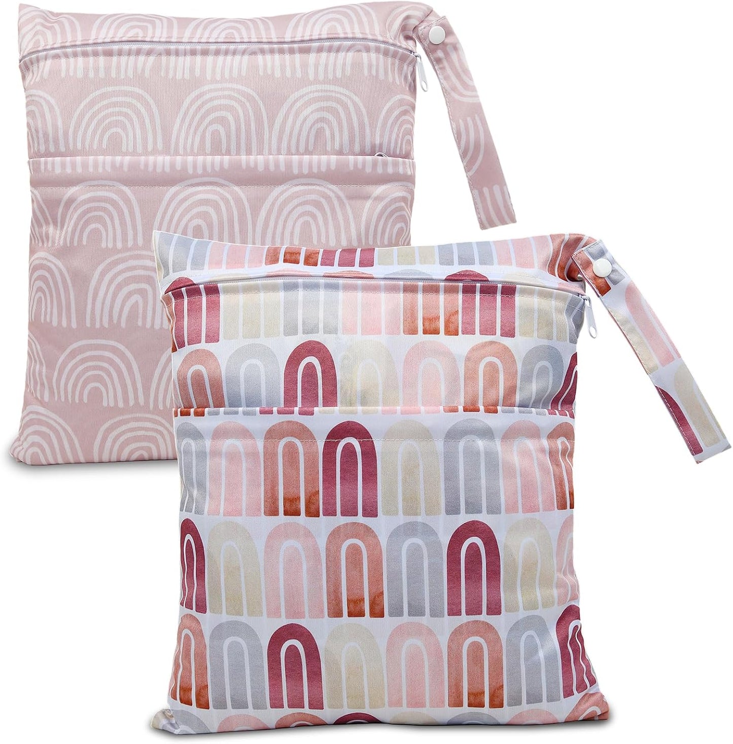2pcs Cloth Diaper Wet Dry Bags Waterproof Reusable with Two Zippered Pockets Travel Beach Pool Daycare Soiled Baby Items Yoga Gym Bag for Swimsuits or Wet Clothes-Pink Rainbows