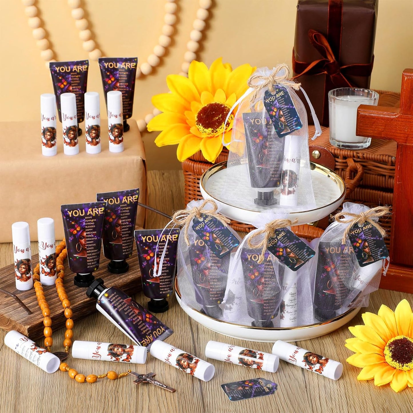 24 Sets Christian Hand Cream and Lip Balm Gift Set Christmas Christian Gift for Women Travel Size Hand Lotion Bible Verse Lip Balm Bulk for Baby Bridal Shower Mom Holiday (African American)