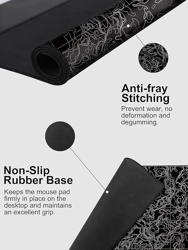 TopMade Mouse Pad with 15W Fast Wireless Charging, 31.5"x15.75" XXL Large Gaming Waterproof Desk Pad with Ultra-Smooth Surface, Non-Slip Base, Computer Desk Mat, Black Topographic Map #3