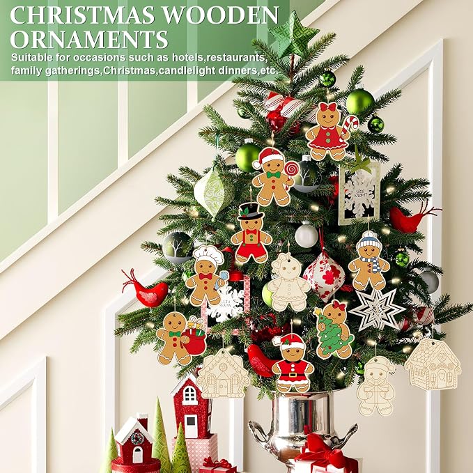 36PCS Wooden Christmas Ornaments to Paint, 12 Styles DIY Blank Unfinished Wood