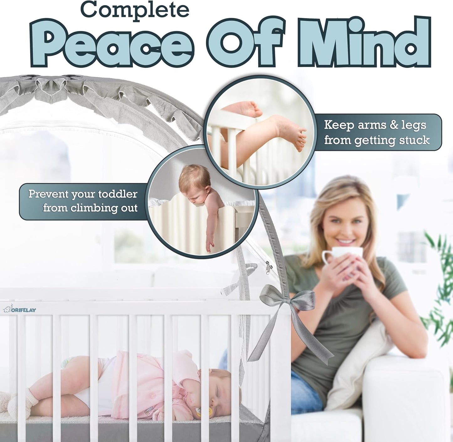 Baby Crib Tent - Toddler Bed Tent w/White Noise Machine, Wide Zipper Opening - Easy Setup Crib Cover w/Glow in The Dark Stickers & Custom Multi Color Light, Breathable Mesh Cribs Net (Gray)