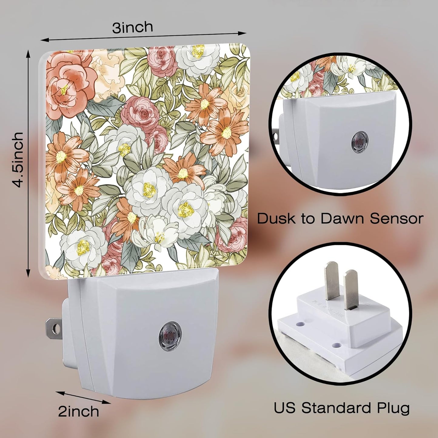 Watercolor Flowers and Herbs Night Light Plug into Wall,Abstract Botanical Plants Leaves Floral Dusk to Dawn Night Light Plug in,0.5w Energy Saving NightLight for Kids Boys Girls Home Decor
