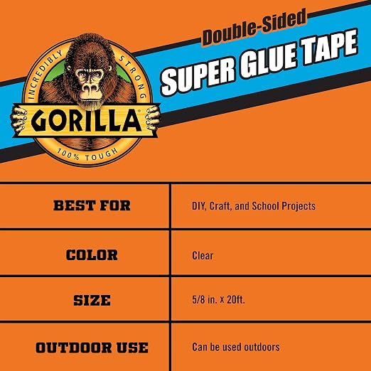 Gorilla Super Glue Tape, Double Sided, High Tack, 5/8in x 20ft