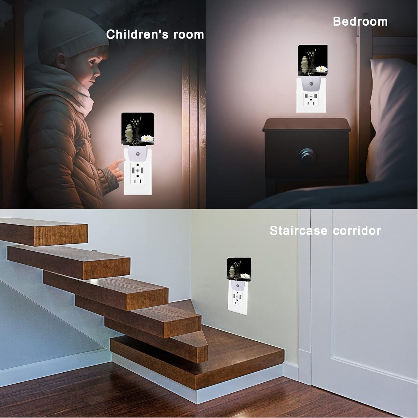 Zen Spa Night Light,Grey Stones Lotus Night Lights Plug into Wall Dusk to Dawn Sensor Led Lamp for Women Men,Led Lights for Stairway/Hallway/Bedroom,0.5W