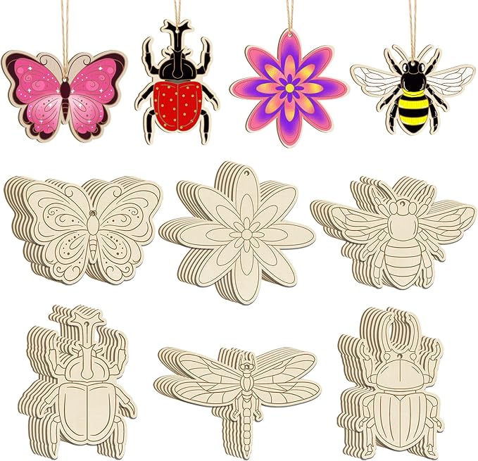 36PCS Wooden Spring Ornaments to Paint, 6 Styles DIY Blank Unfinished Wood