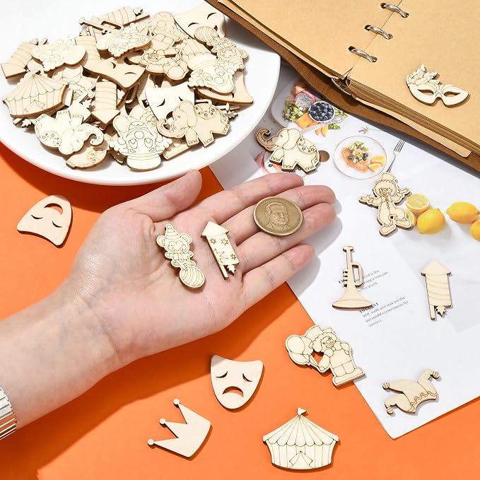 200 Pcs Unfinished Wooden Cutouts Carnival Blank Wood Slices Circus Wooden