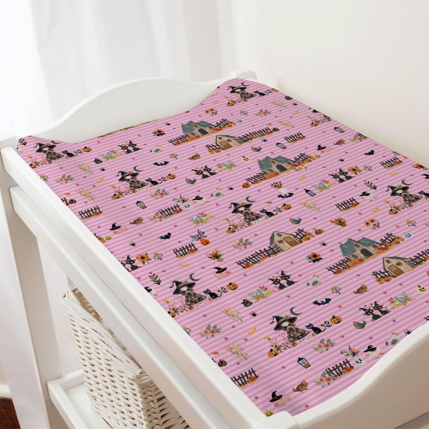 Fall Farm Witch Cats Baby Changing Pad Cover Halloween Farmhouse Pig Hen Bat Moon Pumpkins Floral Nursery Diaper Changing Table Sheets for Boy Girl Soft Stretch Changing Pad Table Mats 32''x16''