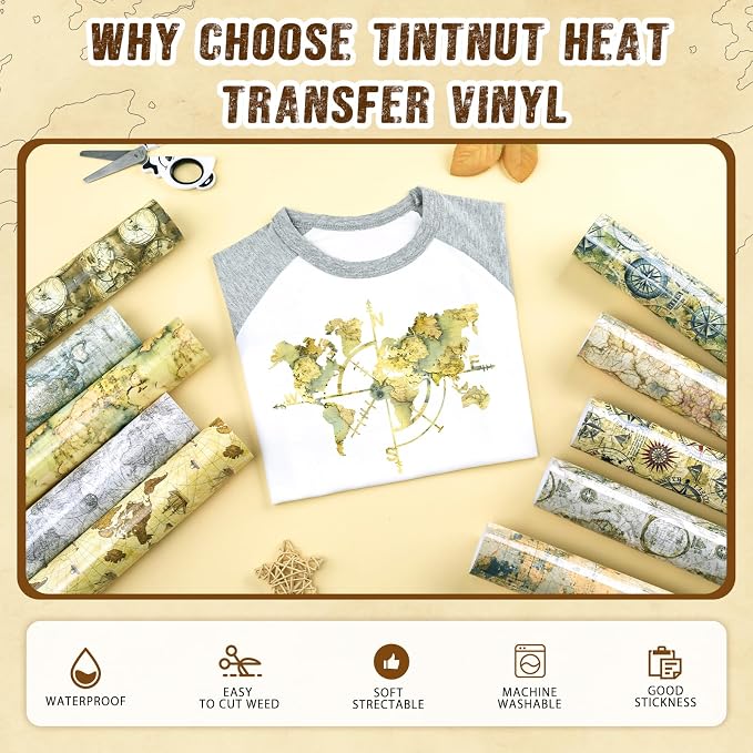 Tintnut Vintage Map Camo Heat Transfer Vinyl, easy cut & weed, stretch washable