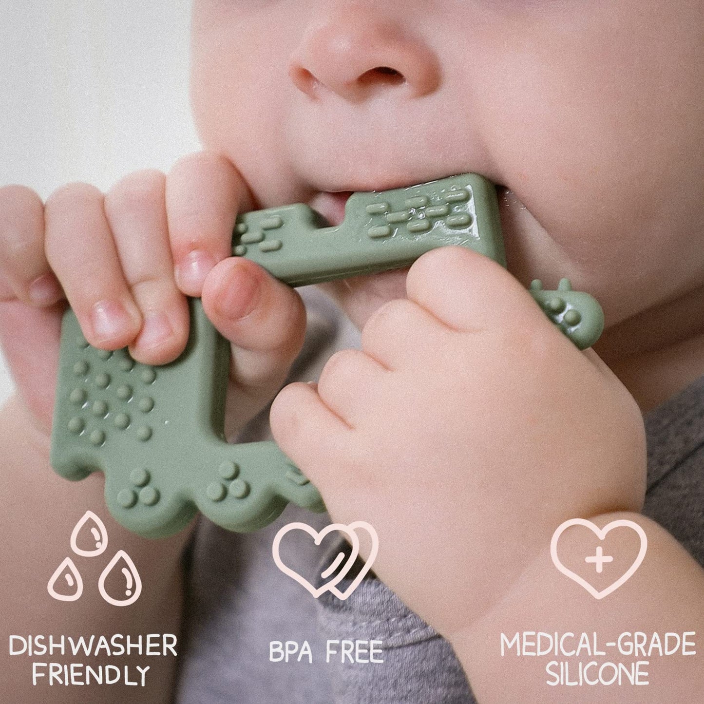 Moonkie Teething Toy, Safe & Easy to Hold BPA Free Silicone Baby Soothing Teethers, Prevent Finger Sucking Teether Toys Best for Babies 0-6 6-12 Months (Crocodile Sage)