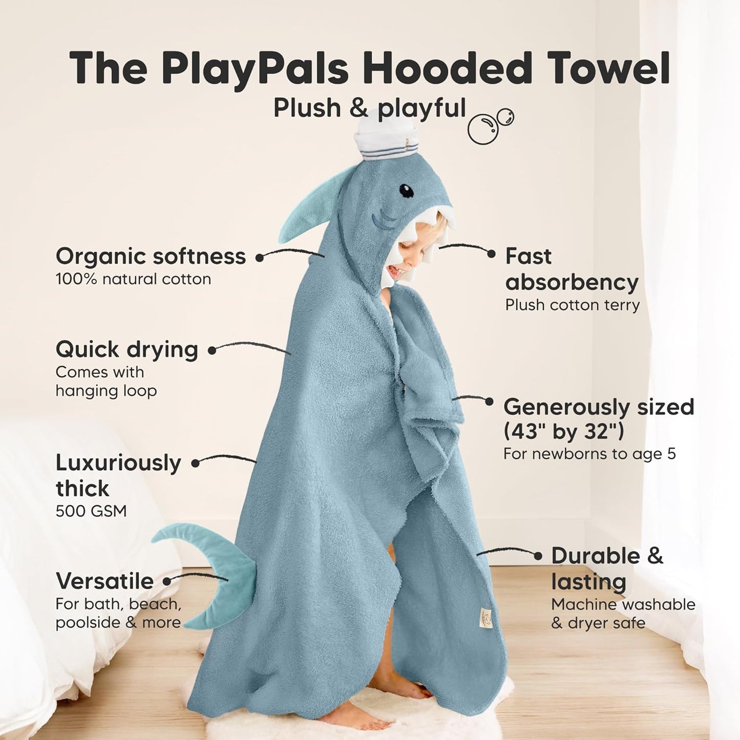 KeaBabies Organic Baby Towel with Hood for Girls, Boys - Soft, Absorbent, 100% Cotton Hooded Baby Towels for Newborns, Infants, Large Hooded Bath Towels for Babies, Kids, Toddler 1-3 (Skipper)