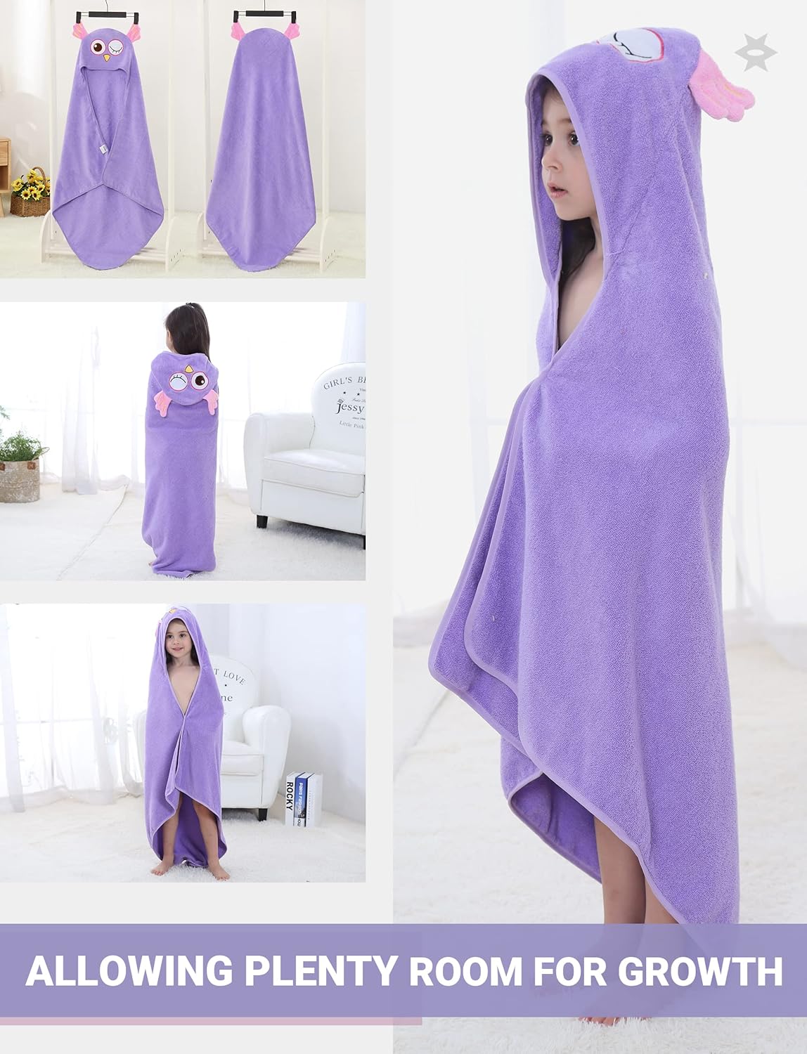 MICHLEY Toddler Hooded Bath Towels for 0-6T, Baby Essentials Cotton Absorbent Kids Washcloth (Owl)