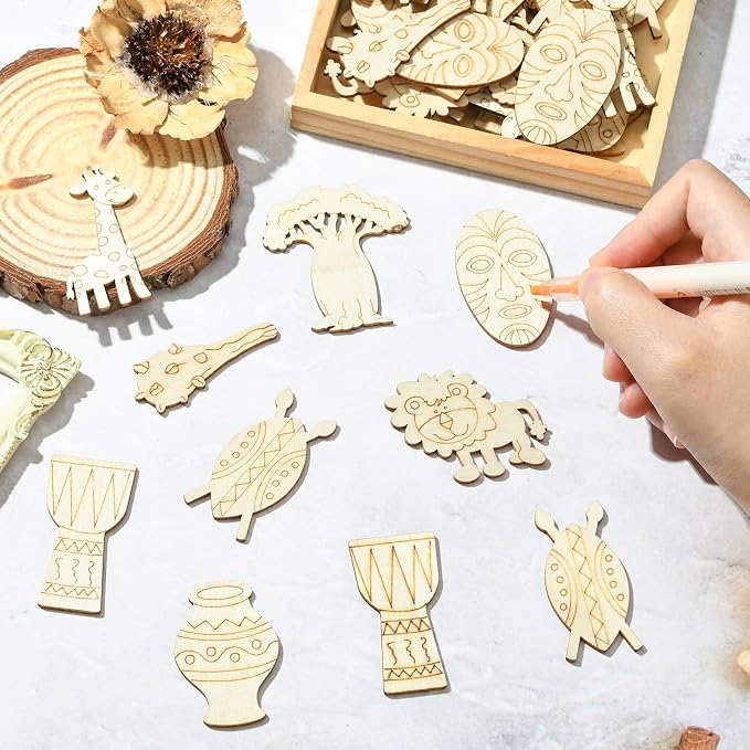 100 pcs Mixed Styles Grassland Animal Theme Unfinished Wooden Cutout Charms