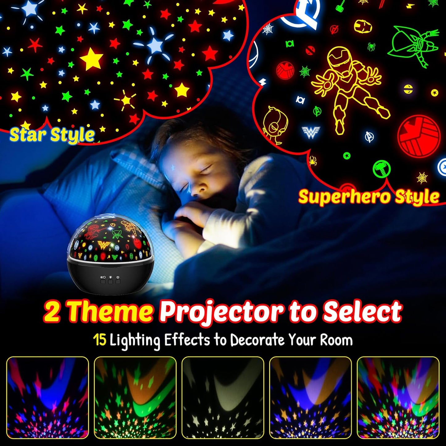 Super Hero Night Light for Boys | Spiderman Night Light and Star Projector 2-in-1 | Avengers Light Projector for Kids Bedroom Decor | Superhero Toys Gifts for Boys 4-6