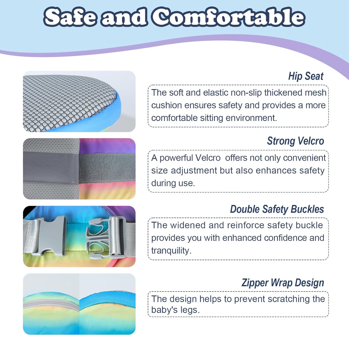 Baby Carrier with Hip Seat, Enhanced Safety, Hands-Free Support for Newborn to Toddler (0-66 lbs), Multiple Pockets, Ergonomic, Adjustable Waistband – Rainbow