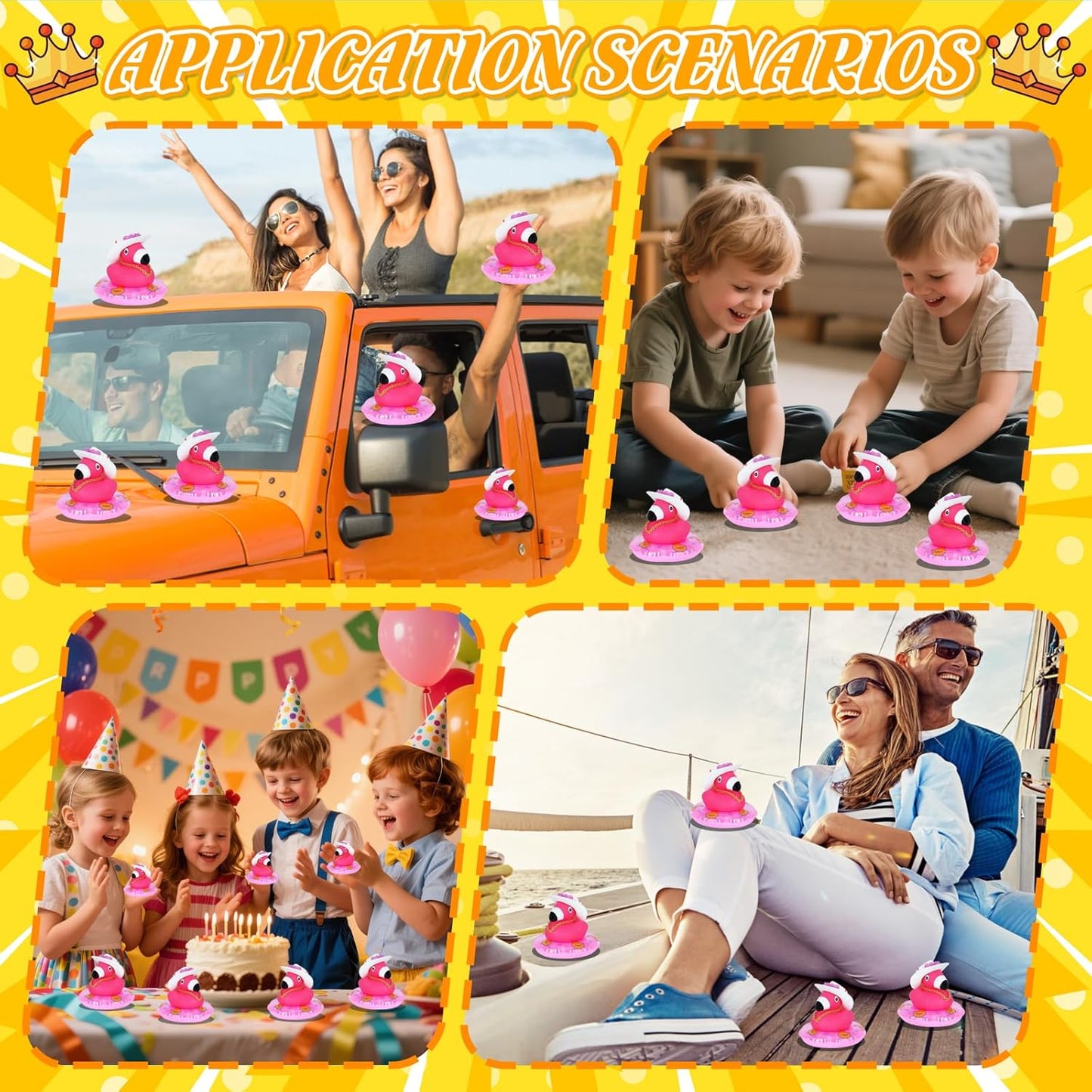 Pink Flamingo Rubber Duck Jeeps Duck, with Mini Cowboy Hat, Swim Ring, Gold Chain & Heart Sunglasses, for Car Dashboard Decor, Home Office Party Decoration, Baby Bath Toys, Birthday Gifts
