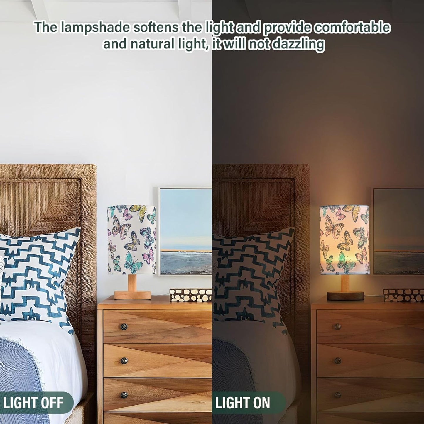 Table Lamp Pretty Butterflies Nightstand Lamp with Wood Base Fabric Lamp Shade Bedside Desk Lamp for Living Room Bedroom Kids Room Office