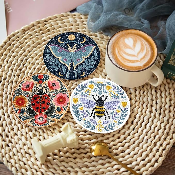 Gemozaic 8PCS Diamond Art Coasters Kit, Insects Diamond Painting Coasters