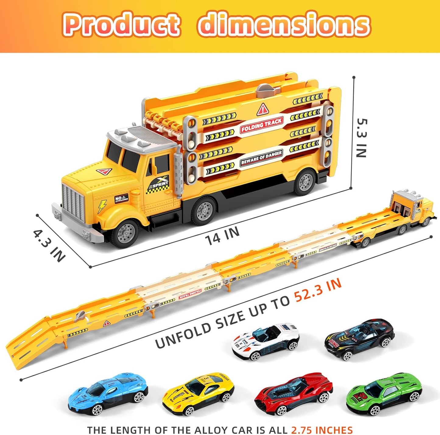 HONGTUO Race Track Truck Toy for Kids – Foldable 3-Layer Car Track Playset with 6 Vehicles, Light & Sound Transport Truck, Christmas & Birthday Gift for Boys and Girls Ages 3-6