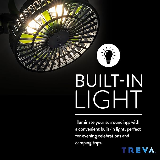 Treva 5 Inch Tripod Fan with Built-In Light and Attachable Phone Mount, Rechargeable 3-Speed Mini Fan with Handle for Travel, Camping, Outdoors