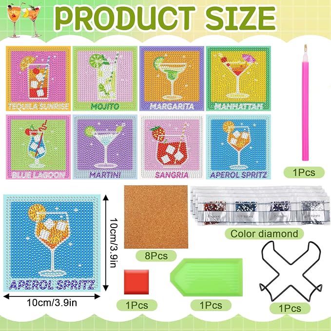 UPINS 8Pcs Cocktail Diamond Art Coasters, Summer Beach Diamond Art Coasters