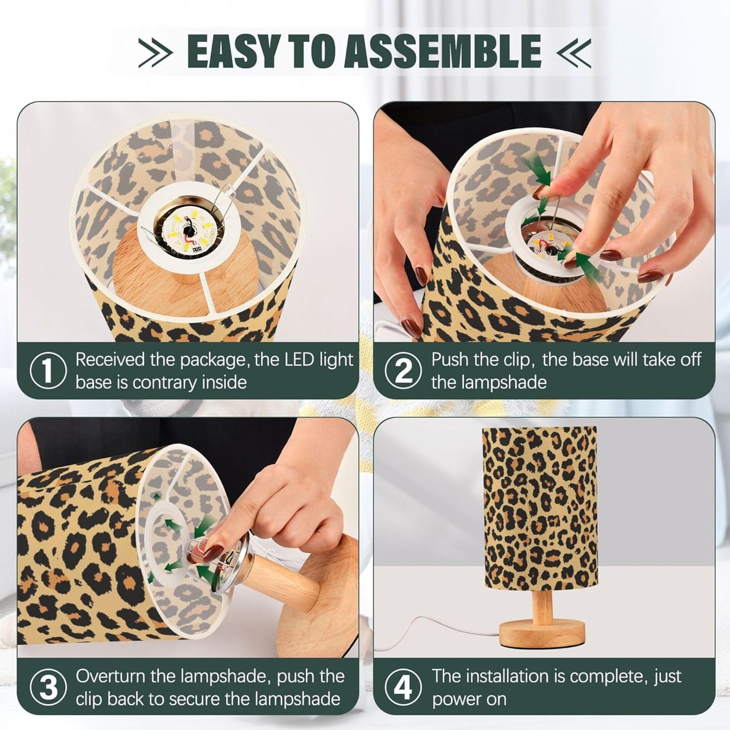 Table Lamp Leopard Print Wild Animal Skin Scale Design Pattern Nightstand Lamp with Wood Base Fabric Lamp Shade Bedside Desk Lamp for Living Room Bedroom Kids Room Office