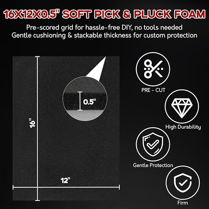 4 Pack Pick and Pluck Foam Sheets 16x12x0.5 Inch, Pre-Cut Grid Foam