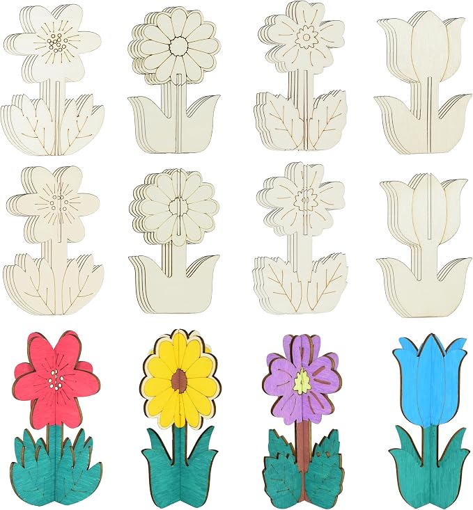 Wooden Flowers for Crafts, DIY 3D Wood Crafts Paintable Flower Craft Ornaments: