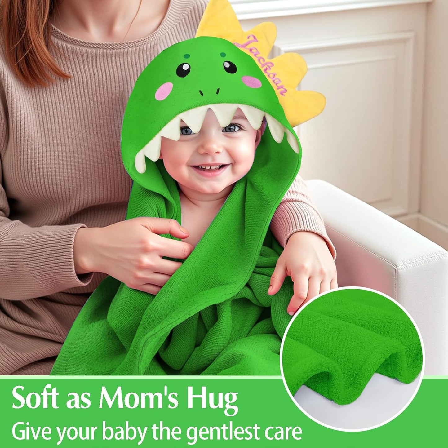 Custom Hooded Bath Towel with Name, Personalized Highly Absorbent Bunny Towels, Baby Bath Towels for Girls Boys, Brithday for Baby, Toddler, Newborn (Green-Dinosaurs)