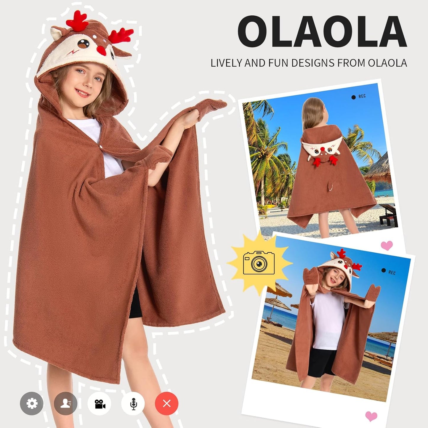 OLAOLA Reindeer Hooded Towel for Kids 3-12 Years, 28" x 53" Soft Thick Absorbent Beach Towels, Toddler Bath Towel Wrap Swim Pool Towels Poncho for Boys Girls