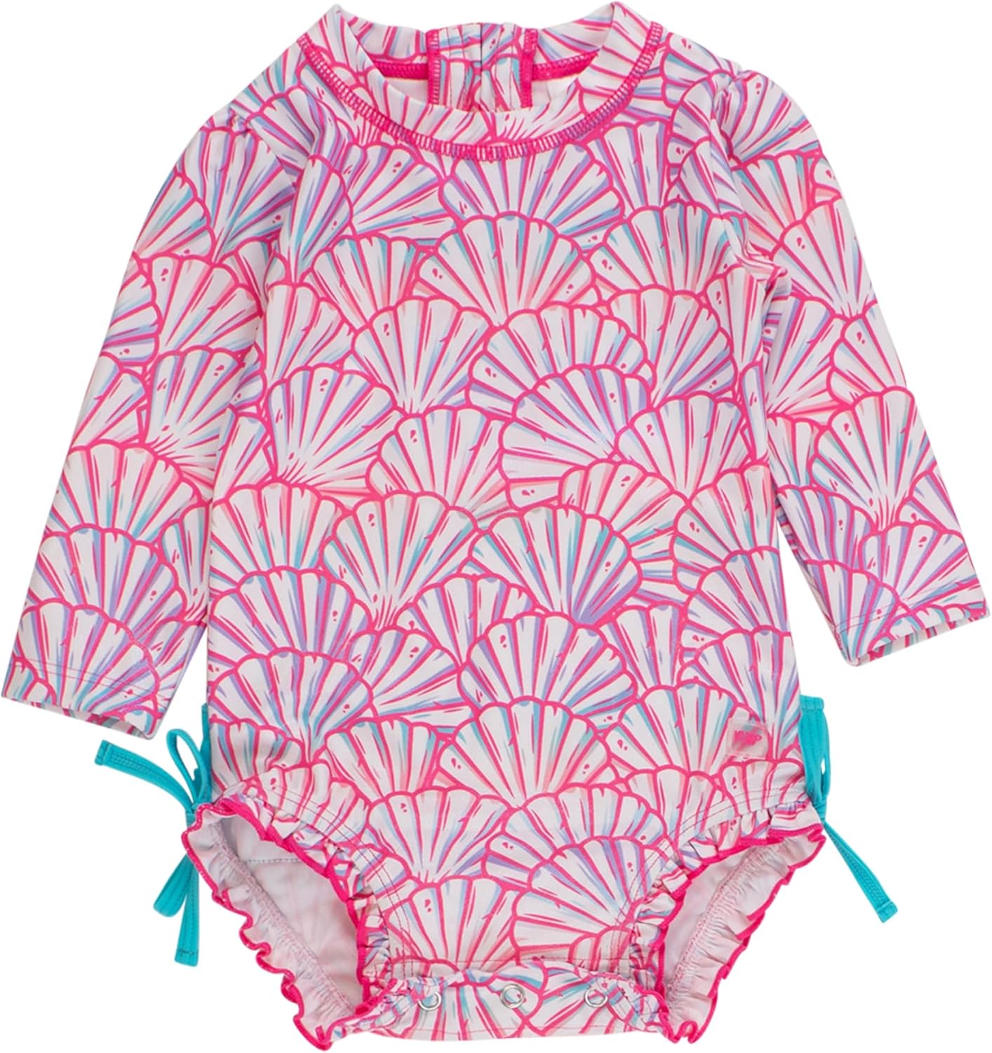 RuffleButts Baby Girls UPF 50+ Sun Protection Novelty Print Long Sleeve One Piece Rash Guard Swimsuit with Zipper