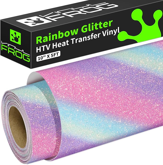 VINYL FROG Glitter HTV Vinyl 10" x5ft Heat Transfer Vinyl Roll Rainbow Iron on