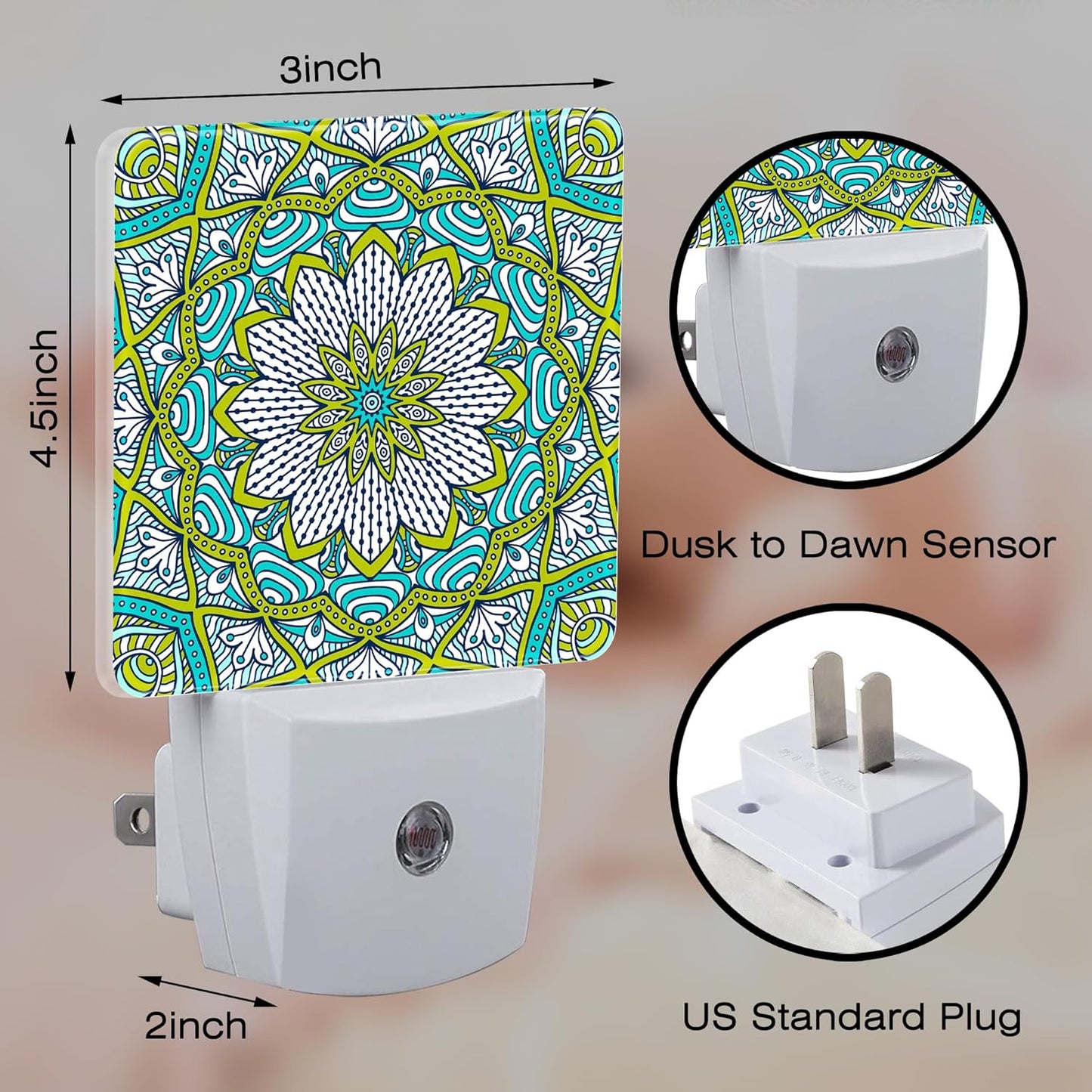 Vintage Mandala Flower Night Light Plug into Wall, Green Mandala Floral Dusk to Dawn Night Light,0.5w Energy Saving Sleep Friendly Nightlights for Kids Boys Girls Home Decor