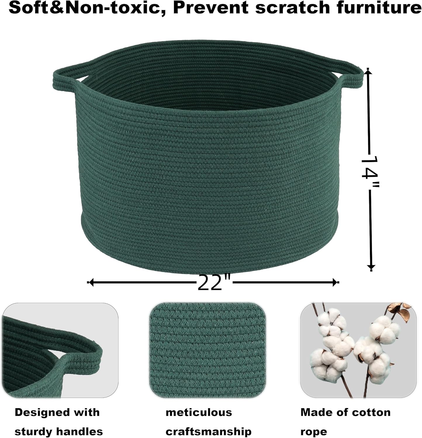 Large Cotton Rope Basket – 22"x14" Woven Storage Basket for Blankets, Toys, Laundry, and Nursery – Round Baskets for Living Room and Kids Dark Green