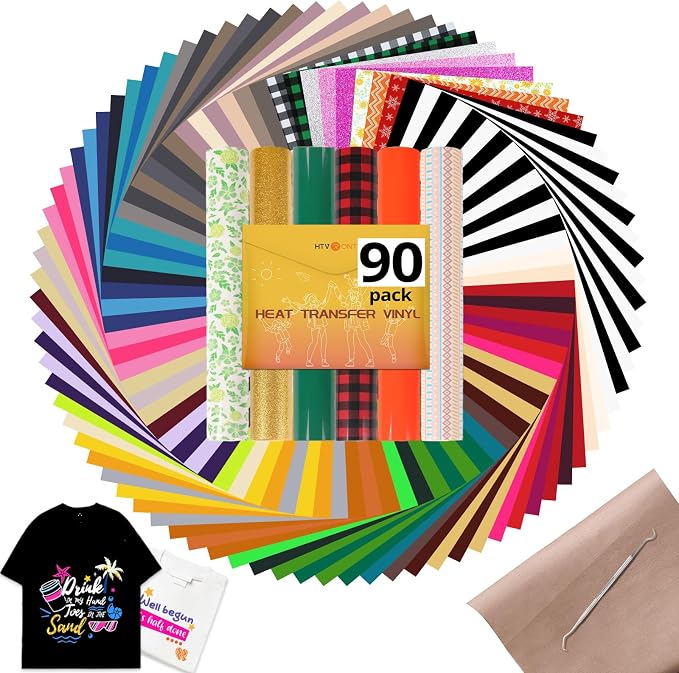HTVRONT HTV Heat Transfer Vinyl Bundle, 90 Pack 12" x 10" Iron on Vinyl