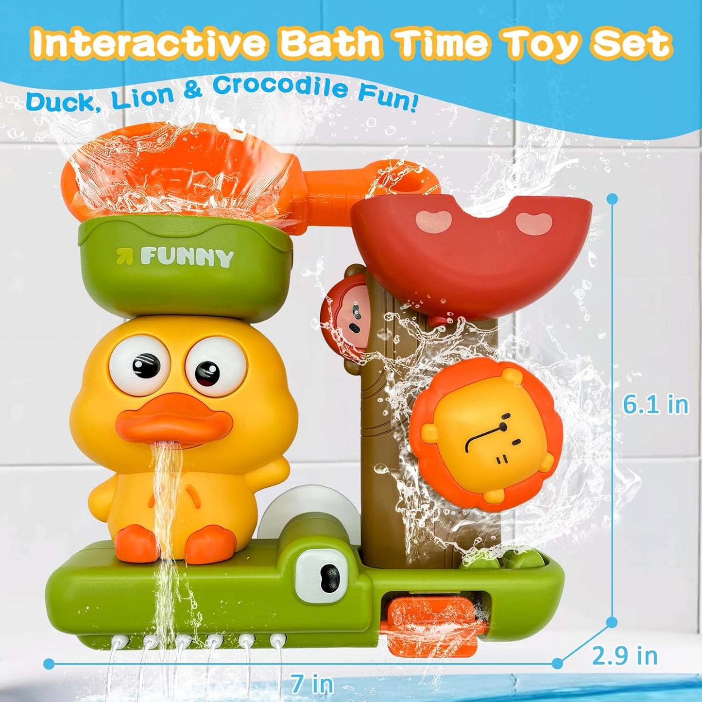 Baby Bath Toys with Scoop Suction Cup, Interactive Duck Lion Bathtub Toy for Toddlers 1-3, Infant Fun Shower Gift for Bath Time 1 2 3 4 Year Boy Girl