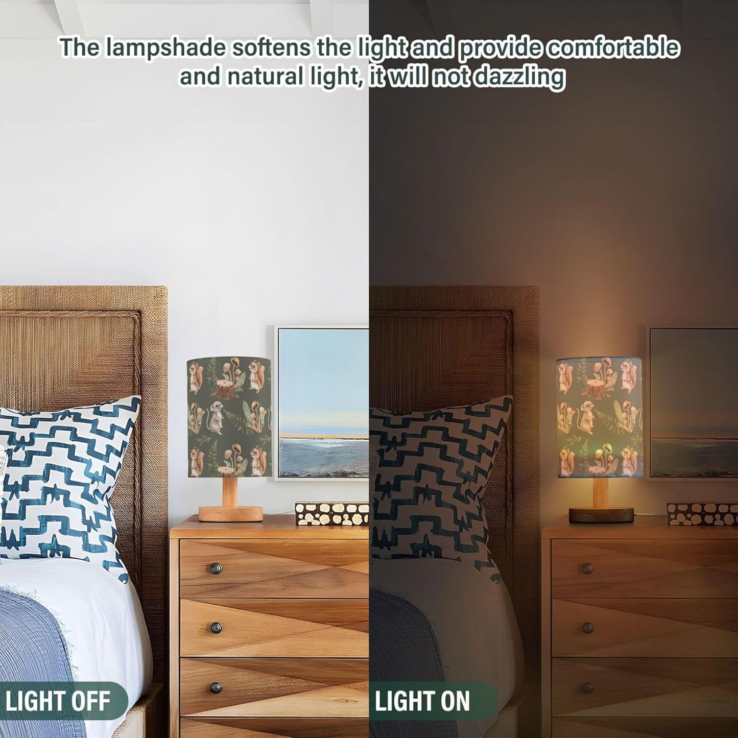 Table Lamp with Squirrel Mouse Stump Fern Mushroom Forest Animal Pattern - Wood Base Fabric Shade Nightstand for Living Room Bedroom Kids Room Office